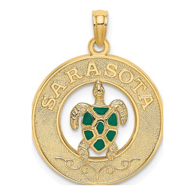 14K Yellow Gold Green Enamel Turtle Circle Charm