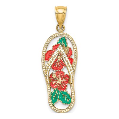 14K Yellow Gold Enamel Hibiscus Flip-Flop Charm