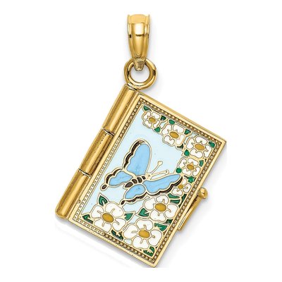 14K Yellow Gold Enamel Butterfly Book Pendant