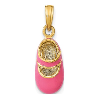 14K Yellow Gold Pink Enamel 3D Baby Shoe Charm
