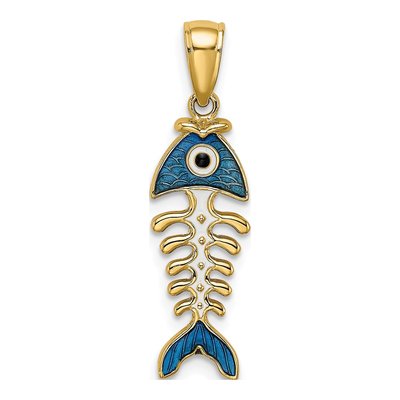 14K Yellow Gold Blue Enamel Fish Bone Pendant – view 5