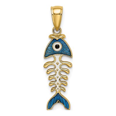 14K Yellow Gold Blue Enamel Fish Bone Pendant