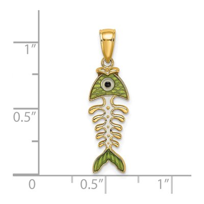 14K Yellow Gold 3D Green Enamel Fish Bone Charm – view 4