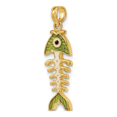 14K Yellow Gold 3D Green Enamel Fish Bone Charm – view 6