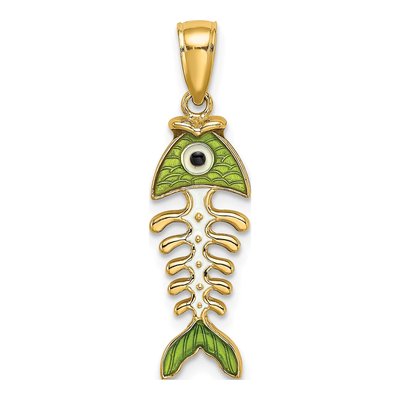 14K Yellow Gold 3D Green Enamel Fish Bone Charm