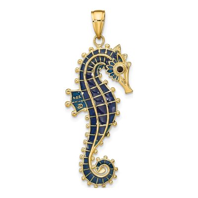 14K Yellow Gold 3D Blue Enamel Seahorse Pendant – view 4