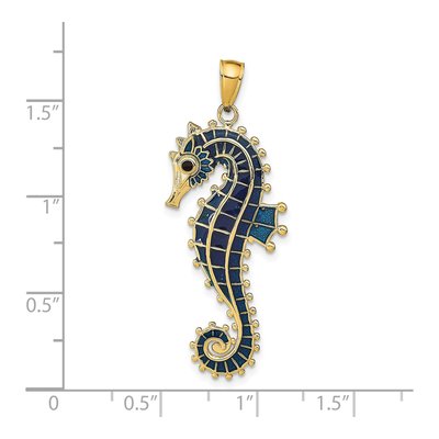 14K Yellow Gold 3D Blue Enamel Seahorse Pendant – view 5