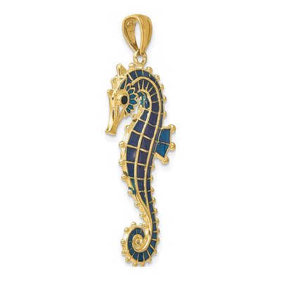 14K Yellow Gold 3D Blue Enamel Seahorse Pendant – view 6