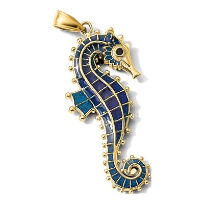 14K Yellow Gold 3D Blue Enamel Seahorse Pendant – view 7
