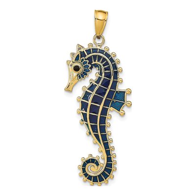 14K Yellow Gold 3D Blue Enamel Seahorse Pendant
