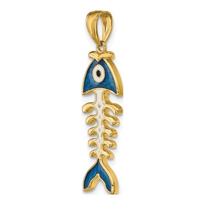 14K Yellow Gold Blue Enamel Fish Bone Pendant – view 6