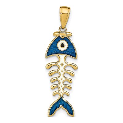 14K Yellow Gold Blue Enamel Fish Bone Pendant