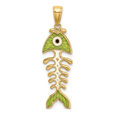 14K Yellow Gold 3D Green Enamel Fish Bone Charm – view 5