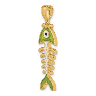 14K Yellow Gold 3D Green Enamel Fish Bone Charm – view 6