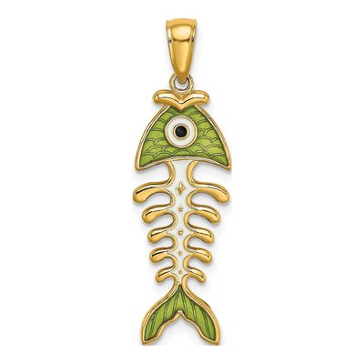 14K Yellow Gold 3D Green Enamel Fish Bone Charm
