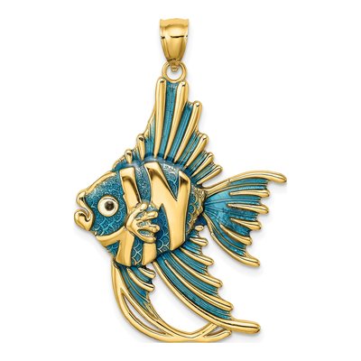 14K Yellow Gold Blue Enamel Angelfish Charm
