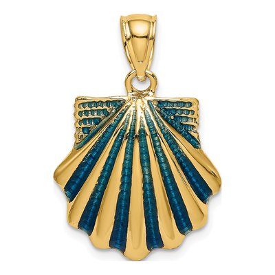 14K Yellow Gold Blue Enamel Scallop Shell Charm