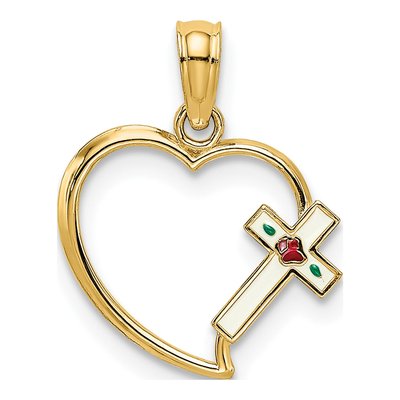 14K Yellow Gold Enamel Cross Heart Charm
