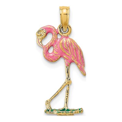 14K Yellow Gold Pink Enamel Flamingo Charm