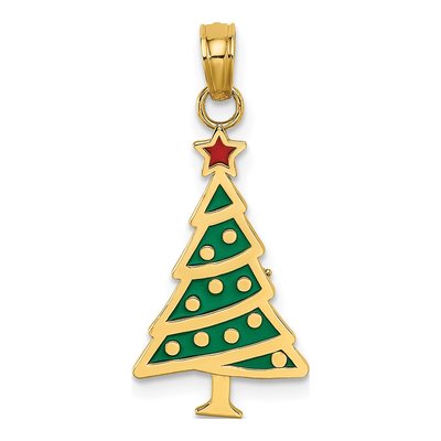 14K Yellow Gold Enameled Christmas Tree Charm