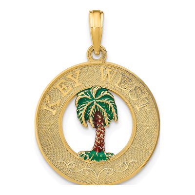 14K Yellow Gold Enameled Palm Tree Circle Charm