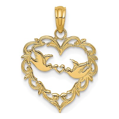 14K Yellow Gold Love Birds Heart Pendant