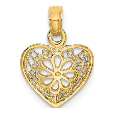14K Yellow Gold Filigree Heart Flower Charm