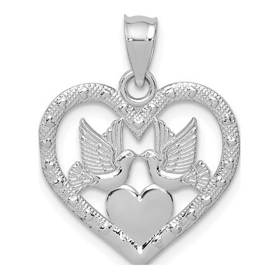14K White Gold Doves Heart Pendant