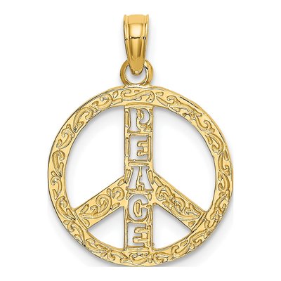 14K Yellow Gold Textured Peace Sign Charm