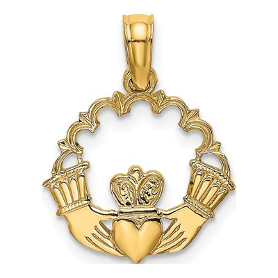 14K Yellow Gold Claddagh Scallop Circle Charm