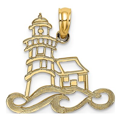 14K Yellow Gold Lighthouse Waves Pendant