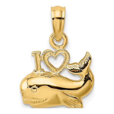 14K Yellow Gold I Heart Whale Pendant