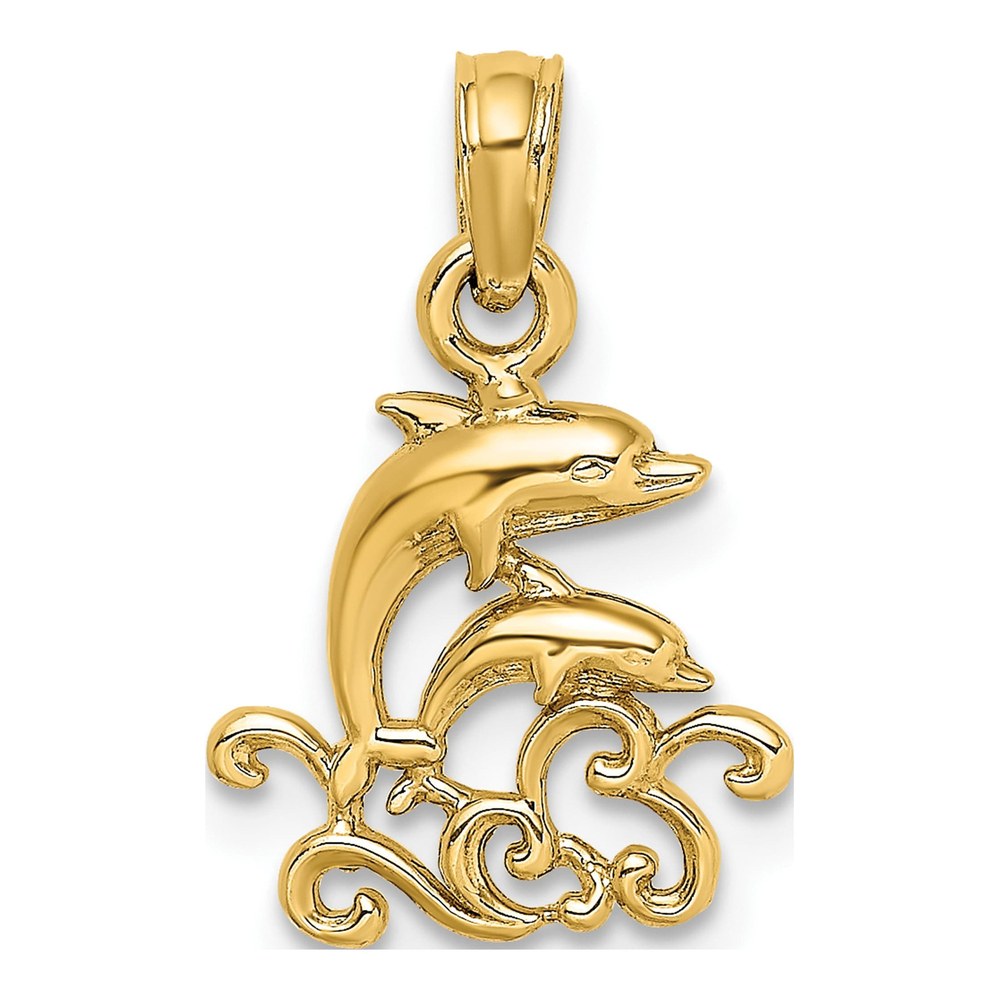 14K Yellow Gold Mini Dolphins & Waves Charm