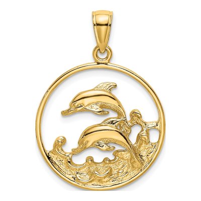 14K Yellow Gold Double Dolphins Circle Charm