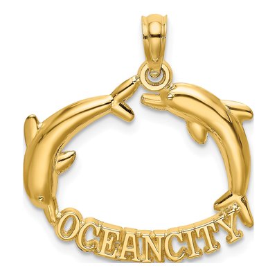 14K Yellow Gold Ocean City Dolphins Charm
