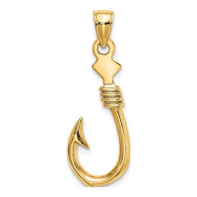 14K Yellow Gold 3D Fish Hook Pendant