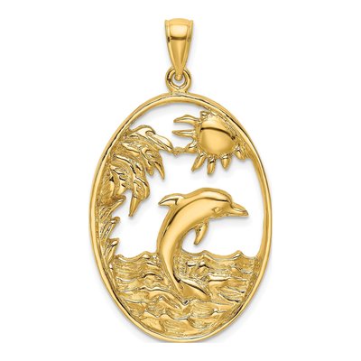 14K Yellow Gold Dolphin Ocean Scene Pendant