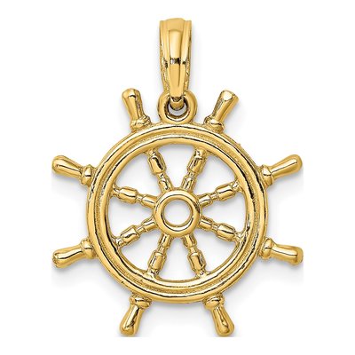 14K Yellow Gold 3D Ships Wheel Pendant