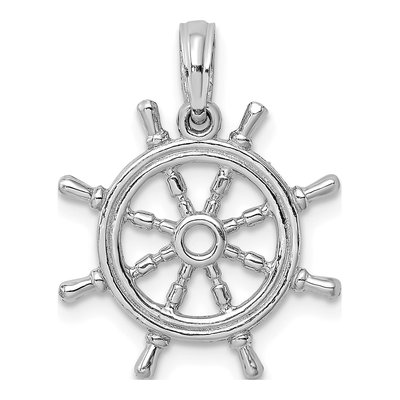 14K White Gold 3-D Ships Wheel Pendant