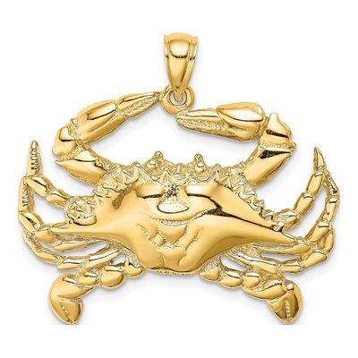 14K Yellow Gold Large Blue Crab Pendant