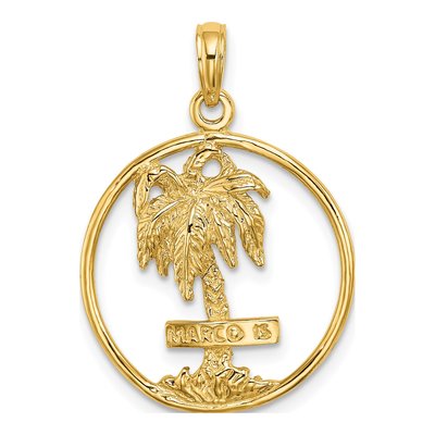 14K Yellow Gold Palm Tree Round Pendant