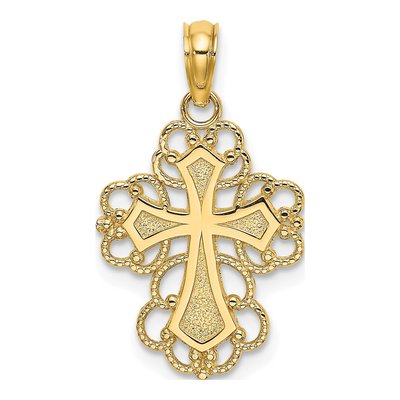 14K Yellow Gold Beaded Lace Cross Pendant