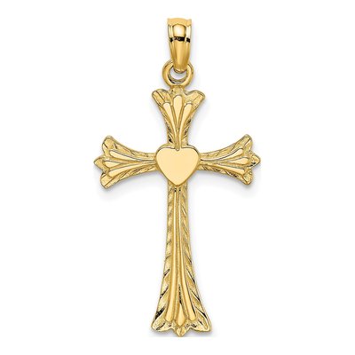 14K Yellow Gold Engraved Cross Heart Pendant