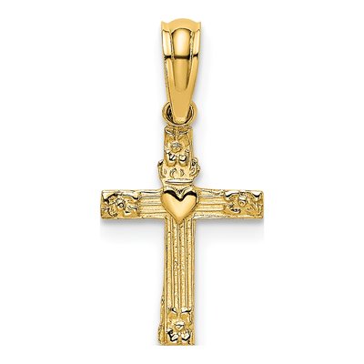 14K Yellow Gold Textured Mini Cross Heart Charm