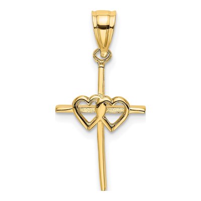 14K Yellow Gold Double Hearts Cross Charm