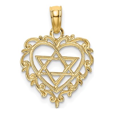 14K Yellow Gold Star of David Heart Charm