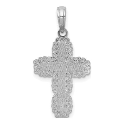 14K White Gold Textured Lace Trim Cross Charm – view 4