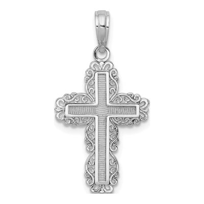 14K White Gold Textured Lace Trim Cross Charm