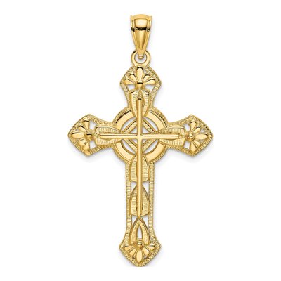 14K Yellow Gold Cut-Out Floral Cross Pendant