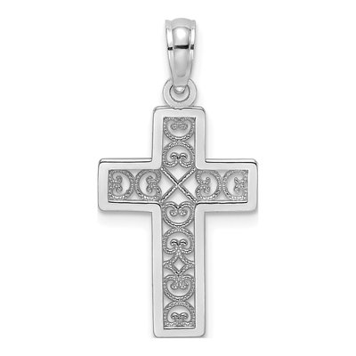 14K White Gold Textured Lace Cross Charm